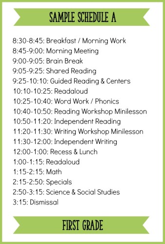 This is one example of a first grade schedule with a balanced literacy block! Read the full post for other sample schedules and ideas.
