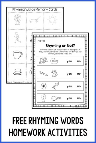 Download this free rhyming words memory game and "Rhyming or Not" worksheet - perfect for a Kindergarten homework assignment!  The game comes with parent directions in English and Spanish.