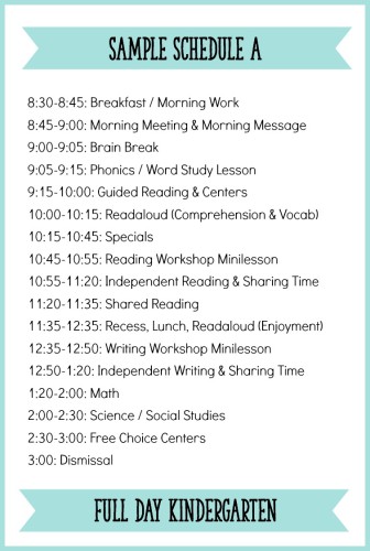 This is an example of what Kindergarten daily schedule can look like with a balanced literacy block! Read the blog post to see more sample schedules for full day and half day Kindergarten. - Learning At The Primary Pond