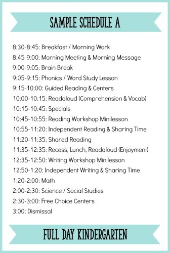 full day kindergarten daily schedule