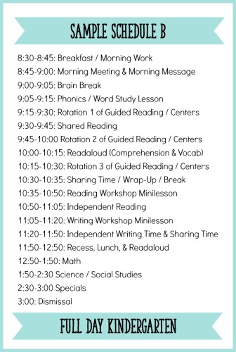 full day kindergarten daily schedule