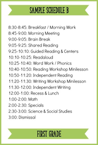 This is one example of a first grade schedule with a balanced literacy block! Read the full post for other sample schedules and ideas.