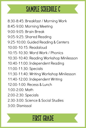 This is one example of a first grade schedule with a balanced literacy block! Read the full post for other sample schedules and ideas.
