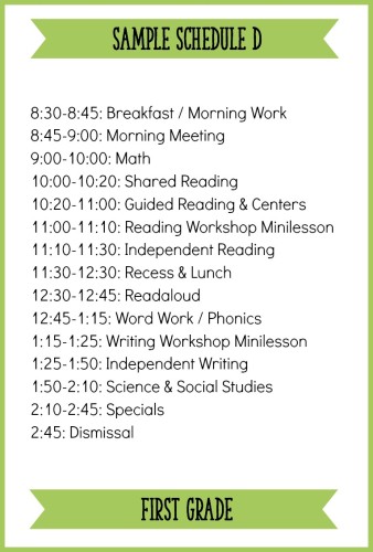 This is one example of a first grade schedule with a balanced literacy block! Read the full post for other sample schedules and ideas.