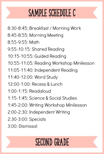 This is one sample schedule for second grade with a balanced literacy block - the post has 3 other sample schedules to check out!