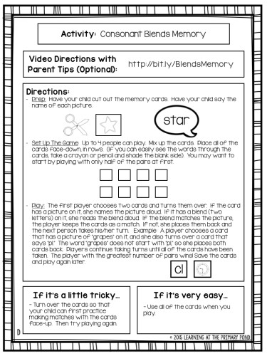 Download this free consonant blends memory game for families - directions and link to an optional video included, too!