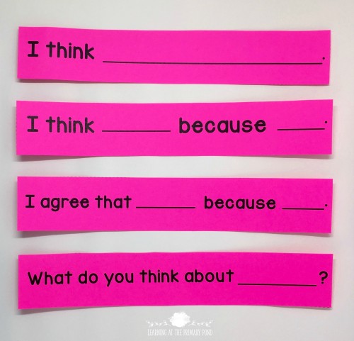 These sentence starters progress from least difficult (top) to more difficult (bottom). I use them to teach students to express their thoughts about a text during guided reading, justify their thinking, and engage with other students during a discussion.