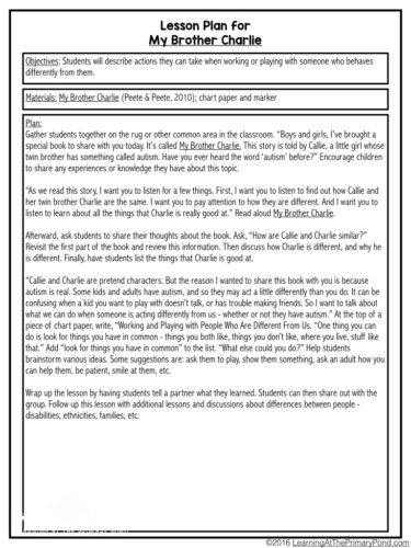 Teaching children about people with autism and other disabilities is difficult. Holly Robinson Peete and Ryan Elizabeth Peete's book My Brother Charlie is a GREAT readaloud for teaching young children about autism. This blog post also has a free lesson plan you can download and use with the book!