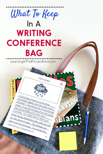 Keep sticky notes, writing utensils, anecdotal note forms, mentor texts, and a notebook in a bag to make writing conferences easy! This helps save time and keeps you organized. Click through to read the post for more tips on conducting writing conferences in Kindergarten, first grade, or second grade!