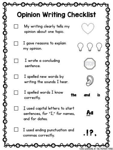 First grade opinion writing checklist