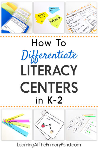 Need some easy ways to differentiate your literacy centers? Read this post for ideas for kindergarten, first grade, and second grade!