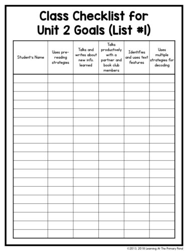 This "class checklist" is from a second grade reading unit. I always keep one of these with me when I conduct individual reading conferences.