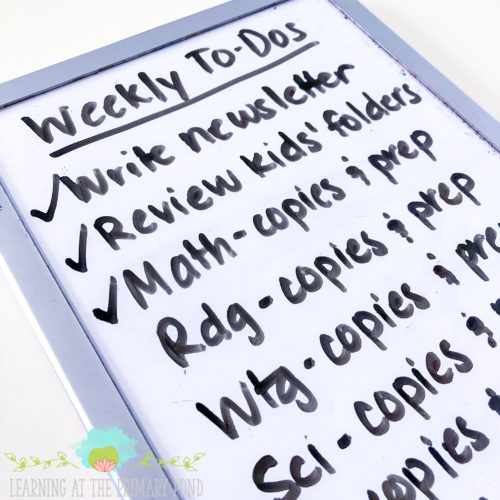 This weekly whiteboard contains all my teaching to-dos for the week and helps me stay in track! Want some lesson planning tips to help you stay on top of your classroom teaching? This post gives lots of detail about how I do my long-term and weekly lesson planning!  