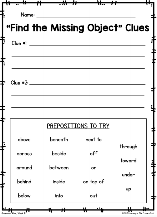 Do you need some low-prep or no-prep activities for teaching prepositions. Find the Missing Object is a really fun activity to play with your class to show them how to add prepositions to their writing.