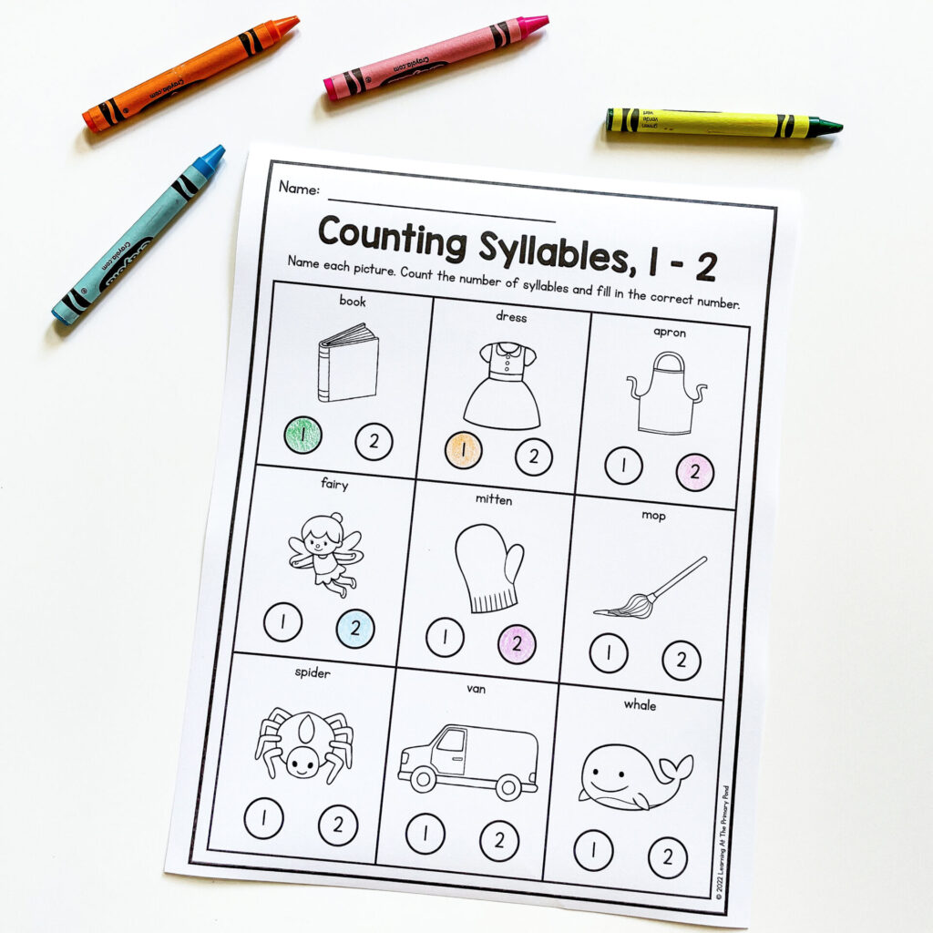 This is a simple worksheet where kids count and color in the correct number of syllables. This comes from a complete set of phonological awareness activities.