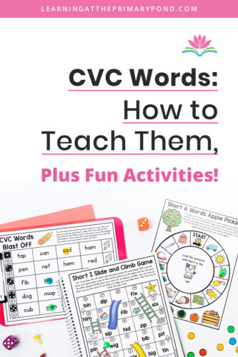 CVC words are usually the first words kids learn to read! They are simple words with usually three letters, made up of a consonant (C), short vowel (V), and another consonant (C). Even though these words are short, it can take a LOT of practice for little ones to learn to read them! This blog post includes tips for teaching CVC words, a big list of short vowel CVC words, and activity ideas for CVC words. Click here to check it out!