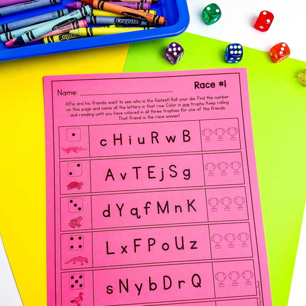 This roll and read activity helps kids build letter fluency by practicing naming strings of letters.