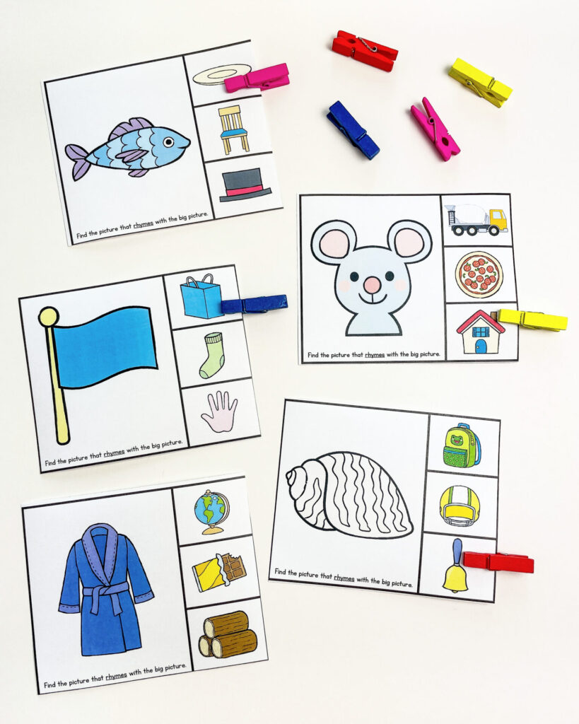 These are rhyming clip cards, a phonological awareness practice activity.